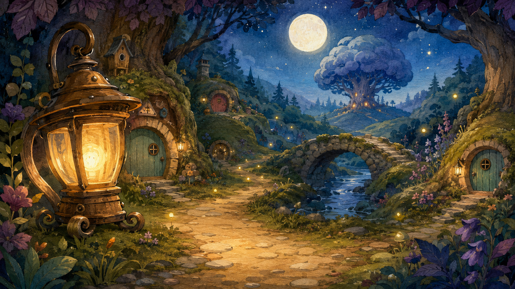 A glowing lantern beside a winding path, tiny doors, a mossy bridge, and a moonlit tree